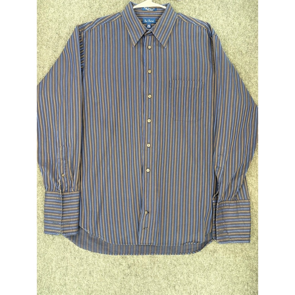 Paul Fredrick Mens Blue Brown Striped Italian Cotton Button Down Shirt 17-35